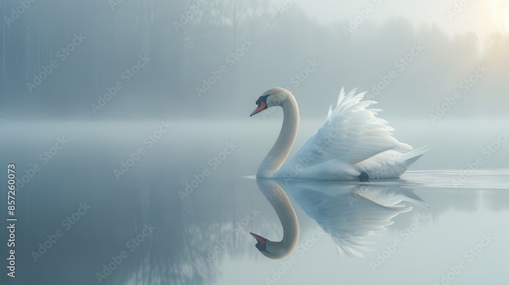 Fototapeta premium A graceful swan gliding across a calm lake, its reflection mirroring its elegant form, capturing the essence of natural beauty and subtle charm.