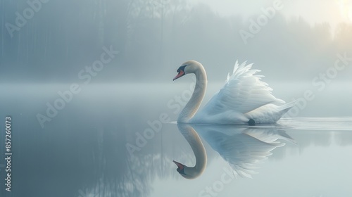 Fototapeta Naklejka Na Ścianę i Meble -  A graceful swan gliding across a calm lake, its reflection mirroring its elegant form, capturing the essence of natural beauty and subtle charm.