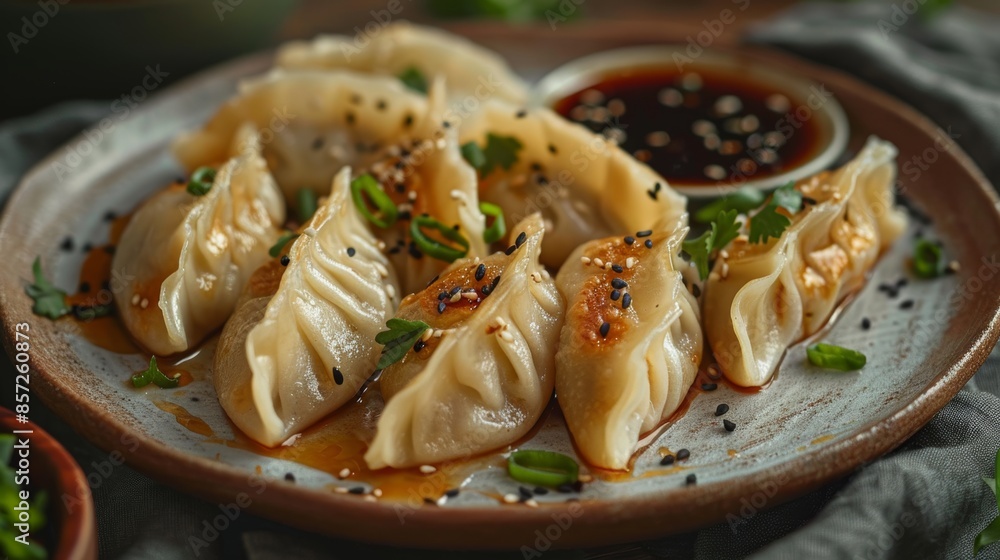 A plate of steamed dumplings, arranged artistically, with a drizzle of soy sauce, showcasing their delicate flavors and subtle seasonings. A plate of steamed dumplings, arranged artistically, with a drizzle of soy sauce, showcasing their delicate flavors and subtle seasonings.
