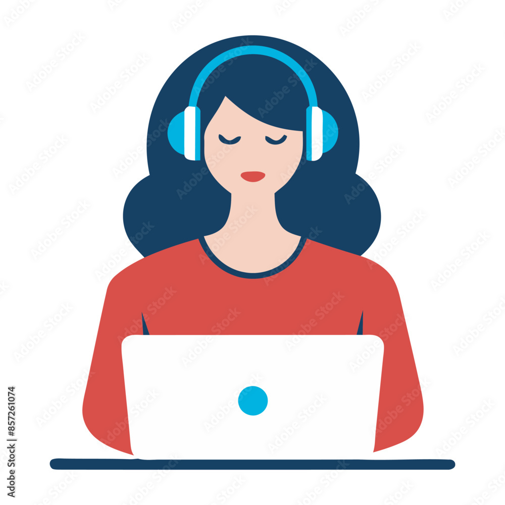 a women with laptop working with headphones, vector, modern illustration a women with laptop working with headphones, vector, modern illustration