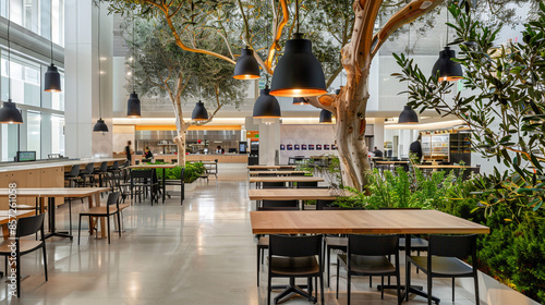 Outdoor cafe in the city, food court interior. 