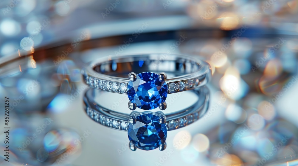 A stunning sapphire ring set in a beautifully crafted platinum band, resting on a mirrored surface to reflect its brilliance and elegance. A stunning sapphire ring set in a beautifully crafted platinum band, resting on a mirrored surface to reflect its brilliance and elegance.