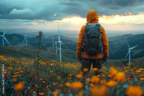 Solo Backpacker Admiring Wind Turbines in a Field of Flowers at Sunset © fotofabrika