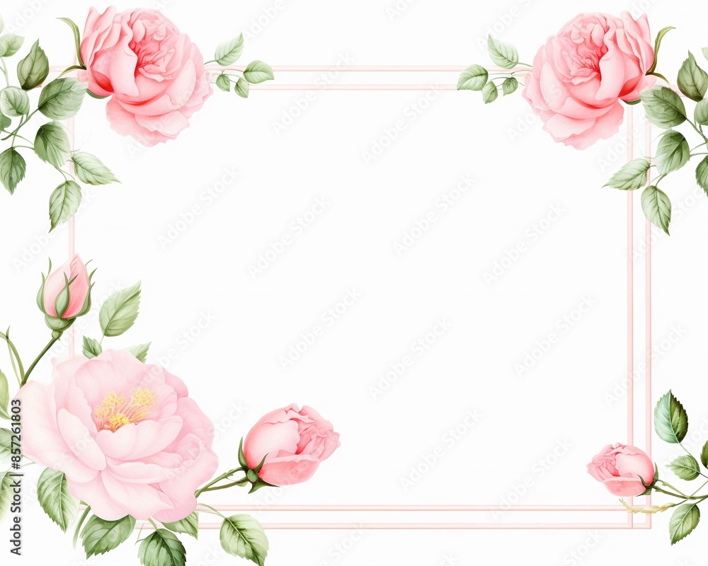Obraz premium Beautiful floral frame with pink roses and green leaves on a white background, perfect for invitations, cards, and decorative designs.