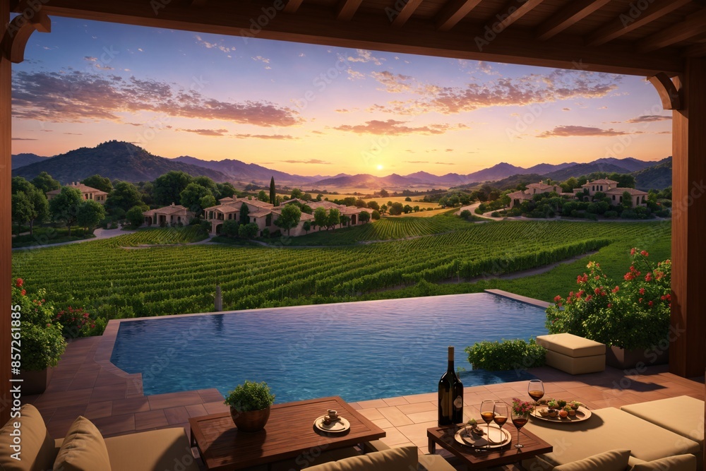 Fototapeta premium Luxurious vineyard villa with sunset view