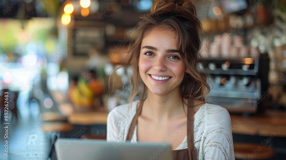 A friendly barista with a beaming smile is seen working behind the counter of a cozy coffee shop. The warm lighting and décor create a welcoming and comfortable ambiance. A friendly barista with a beaming smile is seen working behind the counter of a cozy coffee shop. The warm lighting and décor create a welcoming and comfortable ambiance.