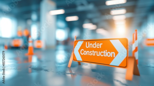 Selective focus of an under construction sign inside a building with blurred background, indicating an area restricted for construction work.