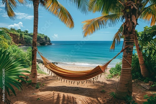 A hammock tied between two palm trees, gently swaying with the ocean in the background. 