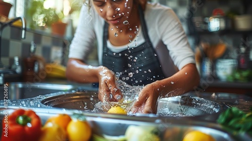 A person rinses lemons and bell peppers under a running faucet in a cozy kitchen, surrounded by fresh ingredients, preparing a healthy meal with clean and wholesome produce. photo