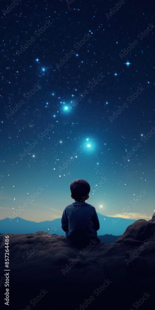 Obraz premium boy sitting against the background of the starry night sky, children's dreams, fantasies, background wallpaper