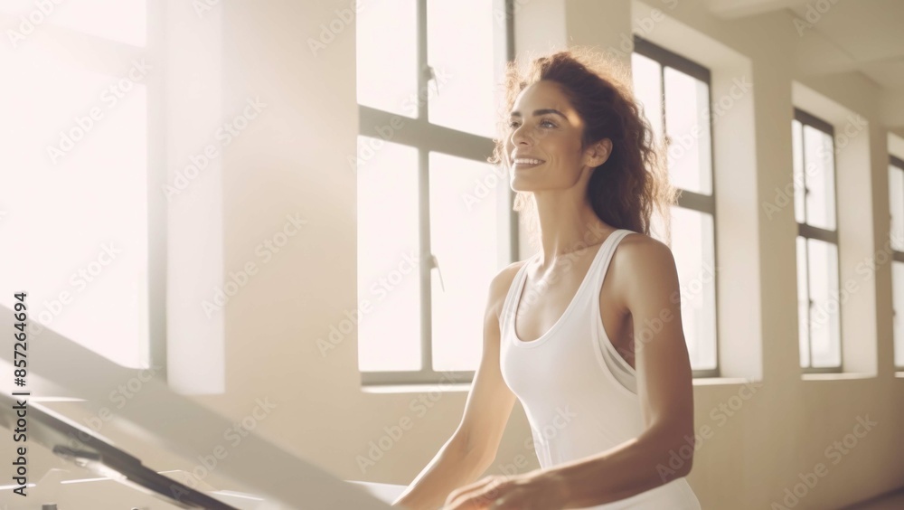 young woman in the gym pilates yoga background young woman in the gym pilates yoga background