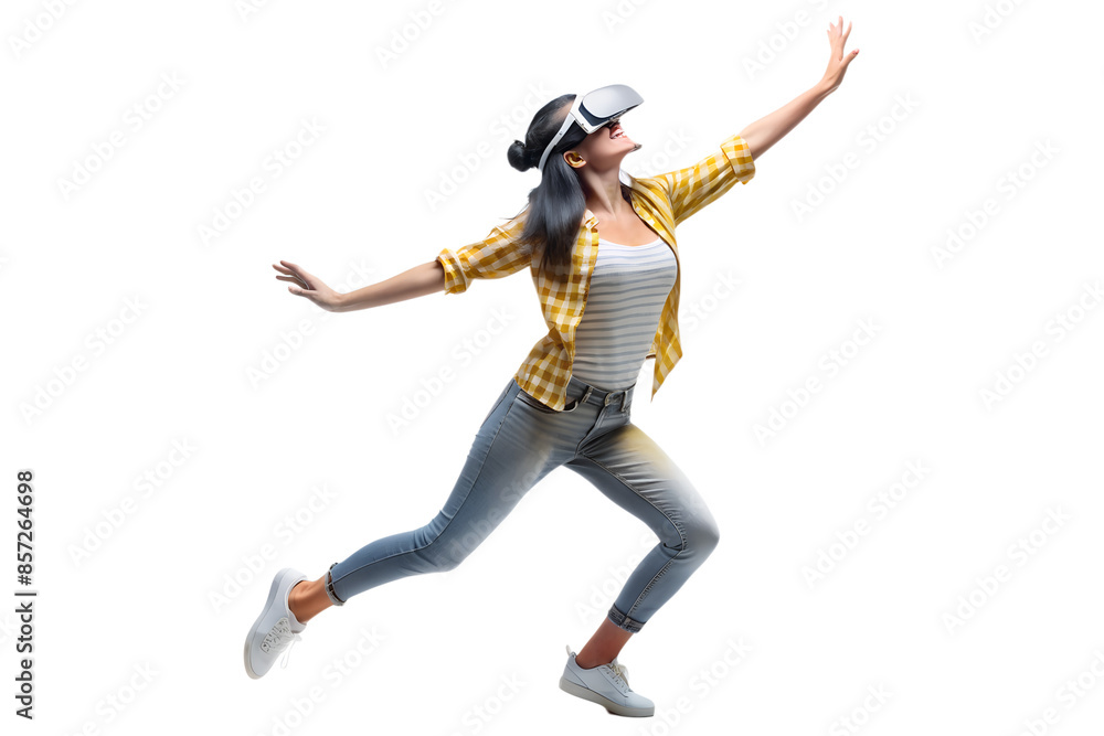 Happy young woman dancing in the metaverse isolated on white background Happy young woman dancing in the metaverse isolated on white background