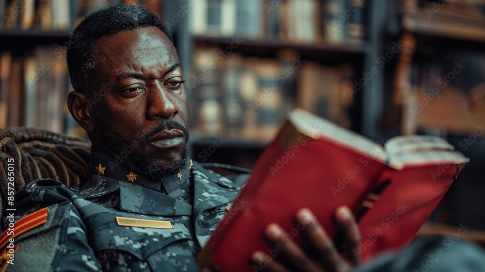 A man, wearing a military-like uniform covered with badges, is deeply immersed in reading a red book while sitting in a library filled with a range of books. A man, wearing a military-like uniform covered with badges, is deeply immersed in reading a red book while sitting in a library filled with a range of books.