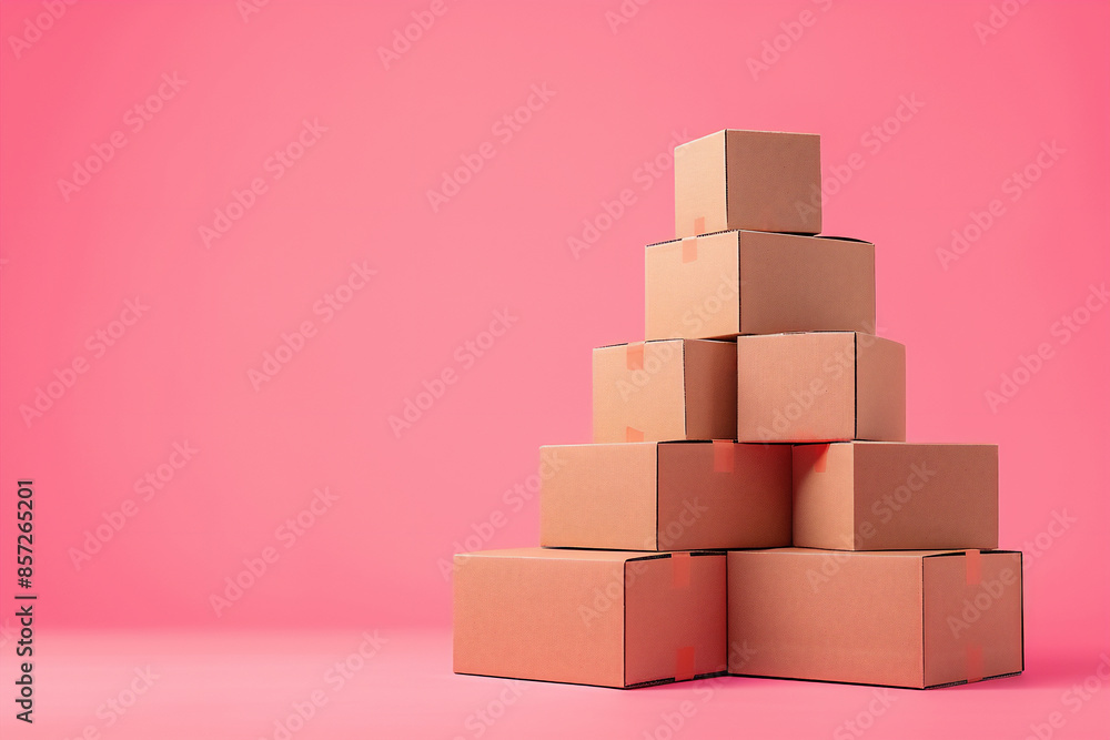 Small tower made of cardboard boxes against vivid pink solid background. Delivery advertising concept. Great web banner design with copy space. Small tower made of cardboard boxes against vivid pink solid background. Delivery advertising concept. Great web banner design with copy space.