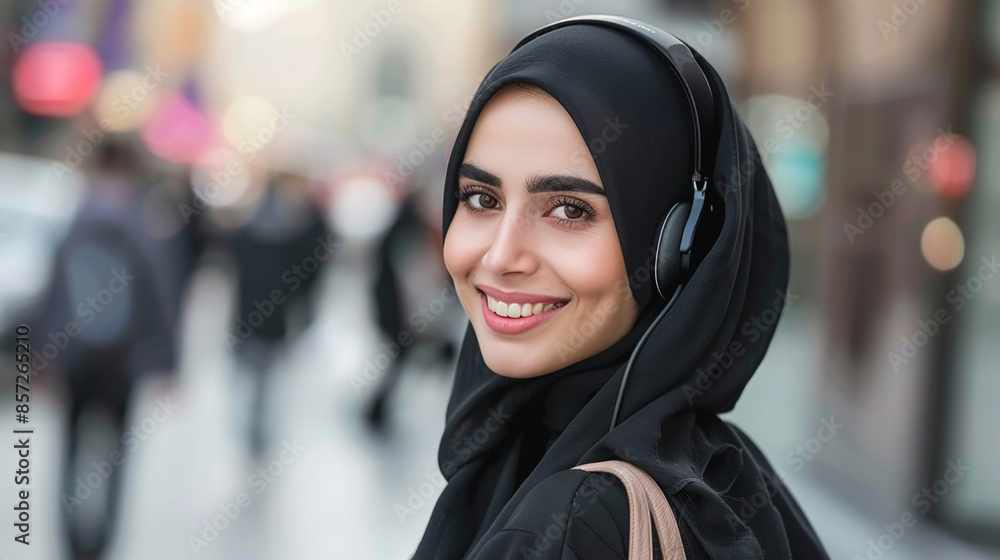 A woman wearing a black head scarf and headphones is smiling A woman wearing a black head scarf and headphones is smiling