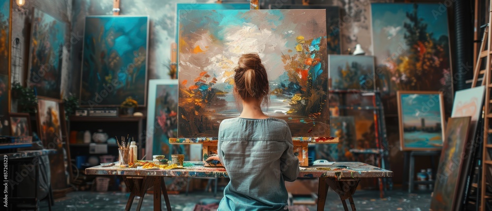 Creative artist painting in a studio filled with artworks and supplies Creative artist painting in a studio filled with artworks and supplies