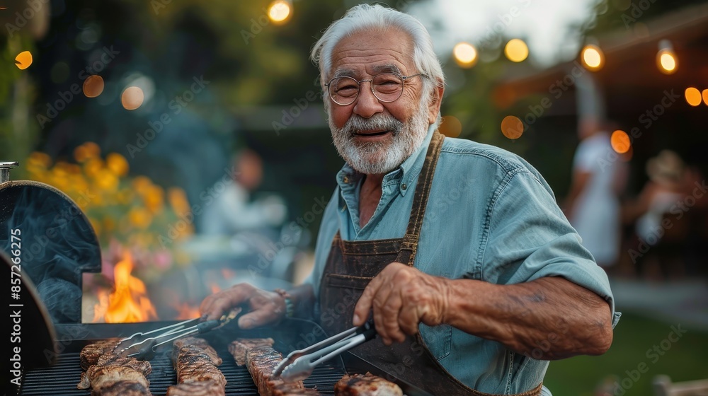 An elderly man wearing glasses and an apron grills meat on a BBQ during a summer evening with warmly lit background and a cheerful smile on his face. An elderly man wearing glasses and an apron grills meat on a BBQ during a summer evening with warmly lit background and a cheerful smile on his face.