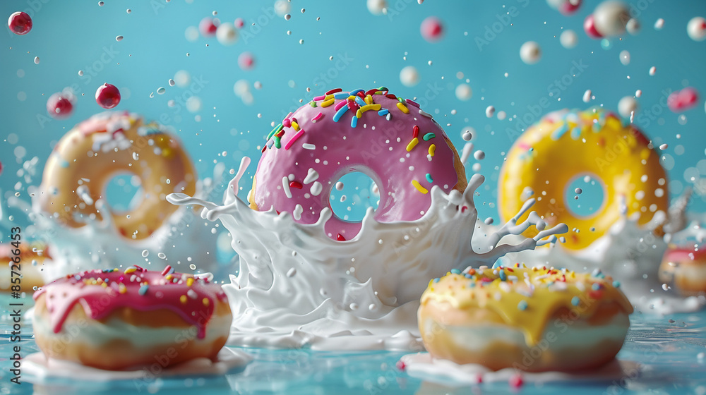 colorful and delicious doughnuts floating in the air