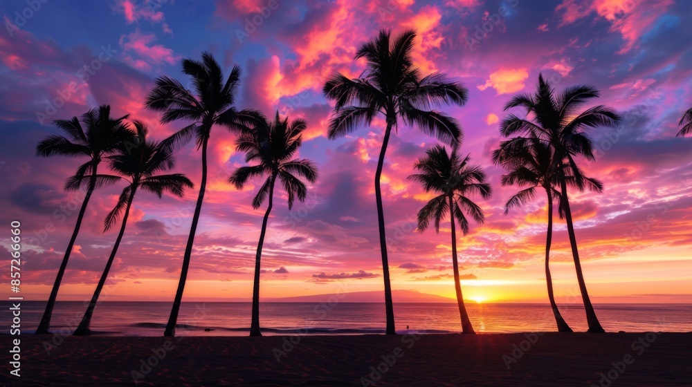 Obraz premium Silhouettes of palm trees against a vibrant sunrise sky, casting long shadows on a sandy beach