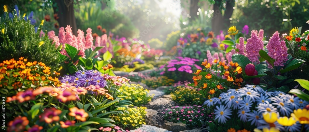 Crystal clear background of a vibrant flower garden, full of blooming plants and colors, ideal for nature and seasonal themes Crystal clear background of a vibrant flower garden, full of blooming plants and colors, ideal for nature and seasonal themes