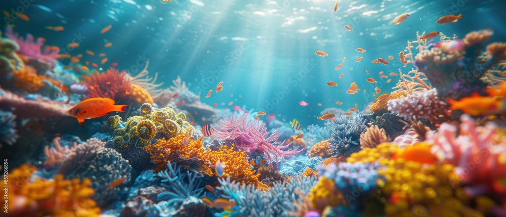 Fototapeta premium Crystal clear background of a vibrant coral reef, full of marine life and colors, ideal for underwater themes