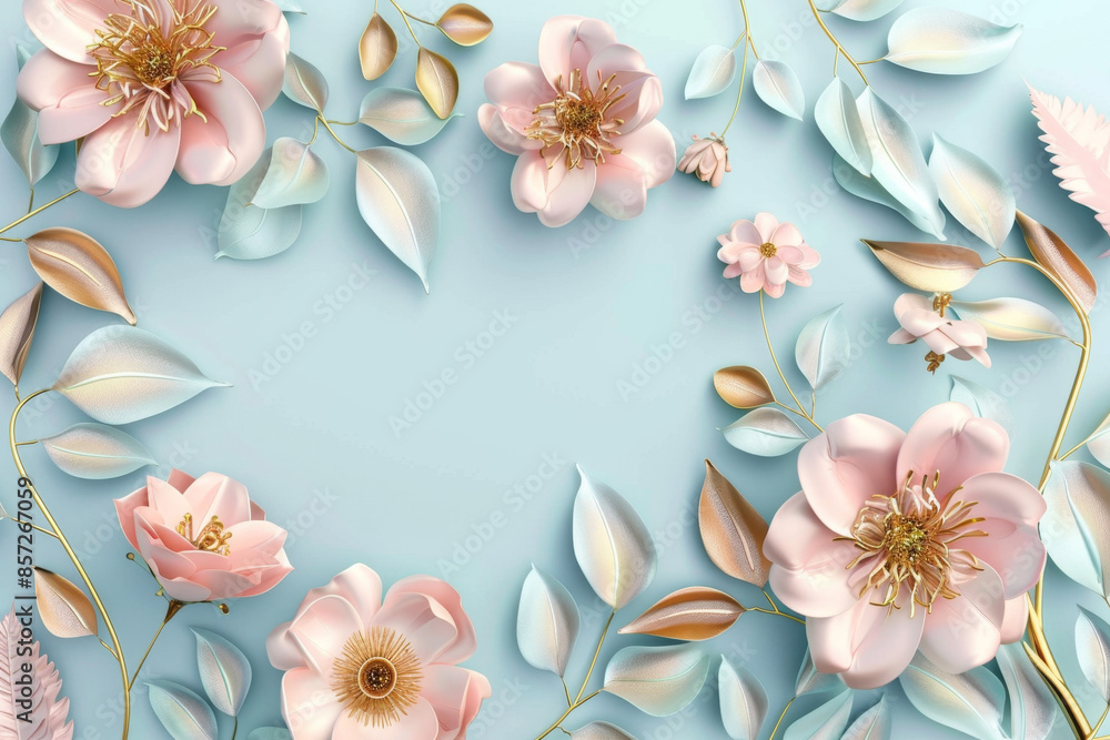 3d wallpaper with beautiful flowers and leaves, light blue background, pink and gold colors 3d wallpaper with beautiful flowers and leaves, light blue background, pink and gold colors