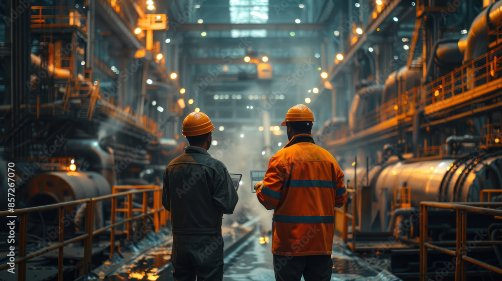 Two Heavy Industry Engineers Stand in Pipe Manufacturing Factory, Use Digital Tablet Computer, Have Discussion. Construction of Oil, Gas and Fuels Transport Pipeline. Two Heavy Industry Engineers Stand in Pipe Manufacturing Factory, Use Digital Tablet Computer, Have Discussion. Construction of Oil, Gas and Fuels Transport Pipeline.
