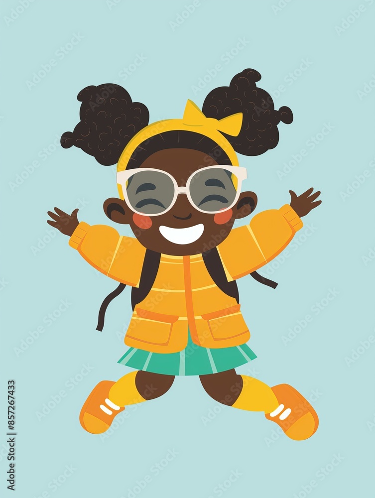 Naklejka premium Cheerful girl cartoon wearing glasses, yellow jacket, and green skirt, jumping with joy on a light blue background.