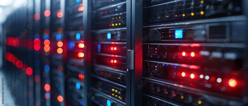 Data center with rows of servers and LED indicators, showcasing infrastructure for cloud computing, detailed and high-resolution image Data center with rows of servers and LED indicators, showcasing infrastructure for cloud computing, detailed and high-resolution image