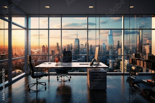 Contemporary Workspace with Stunning City View and Stylish Decor. Generative AI