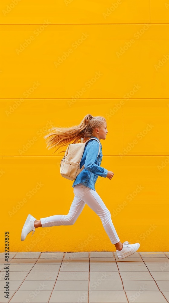 Energetic young girl in casual outfit jumping joyfully against a vibrant yellow wall background, capturing a lively moment full of happiness and fun. Energetic young girl in casual outfit jumping joyfully against a vibrant yellow wall background, capturing a lively moment full of happiness and fun.