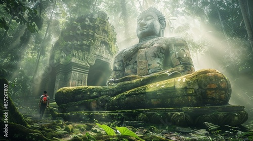 Giant buddha statue in ruin of ancient temple in deep tropical rainforest.