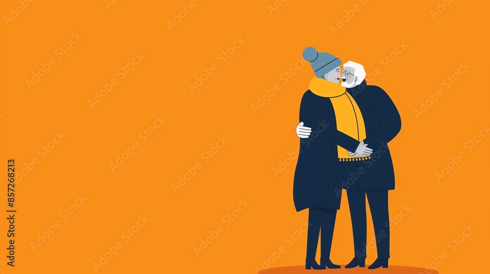 Illustration of two elderly individuals hugging, dressed warmly in coats and hats, against an orange background. Illustration of two elderly individuals hugging, dressed warmly in coats and hats, against an orange background.