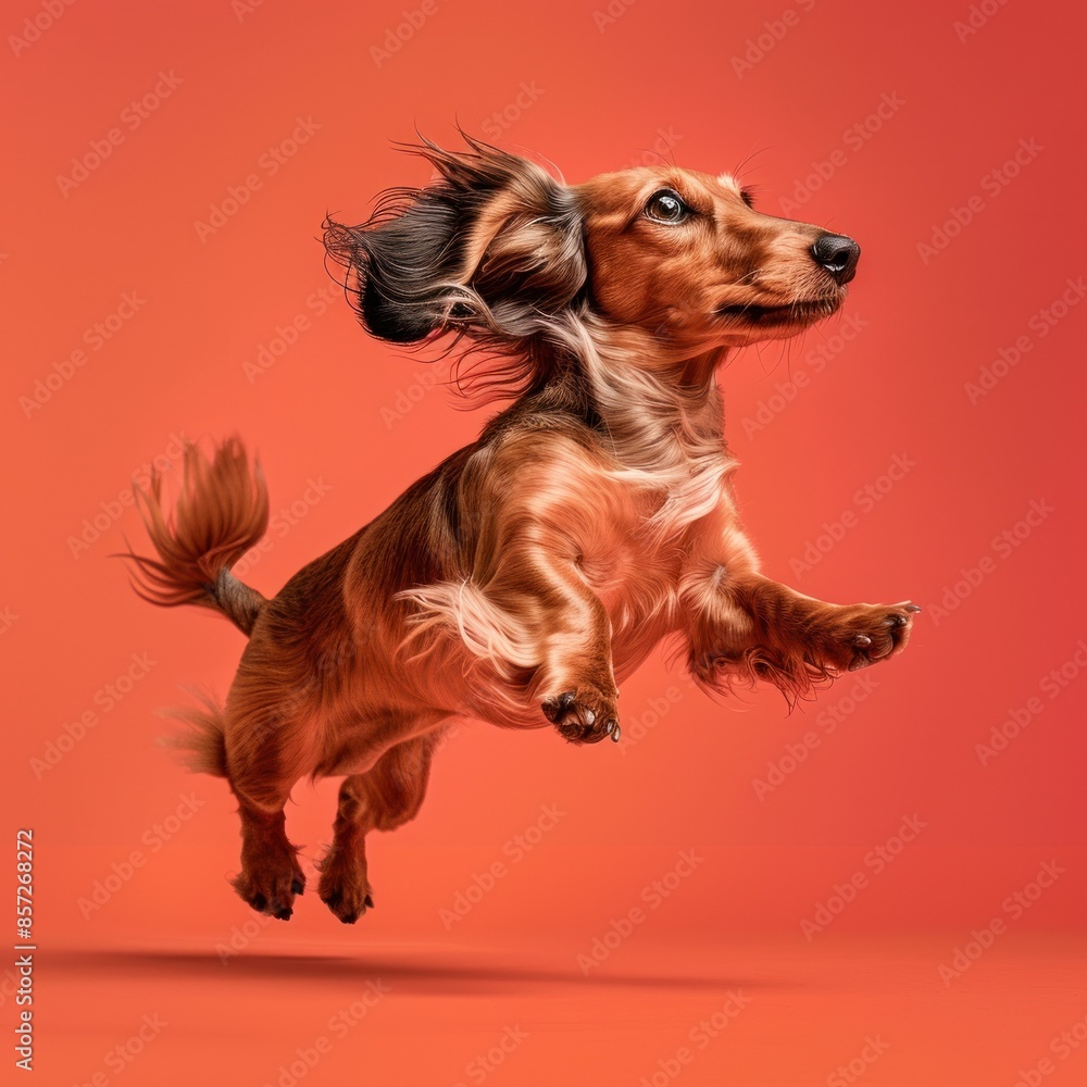 Cute dachshund caught mid-jump with flying ears fun Cute dachshund caught mid-jump with flying ears fun
