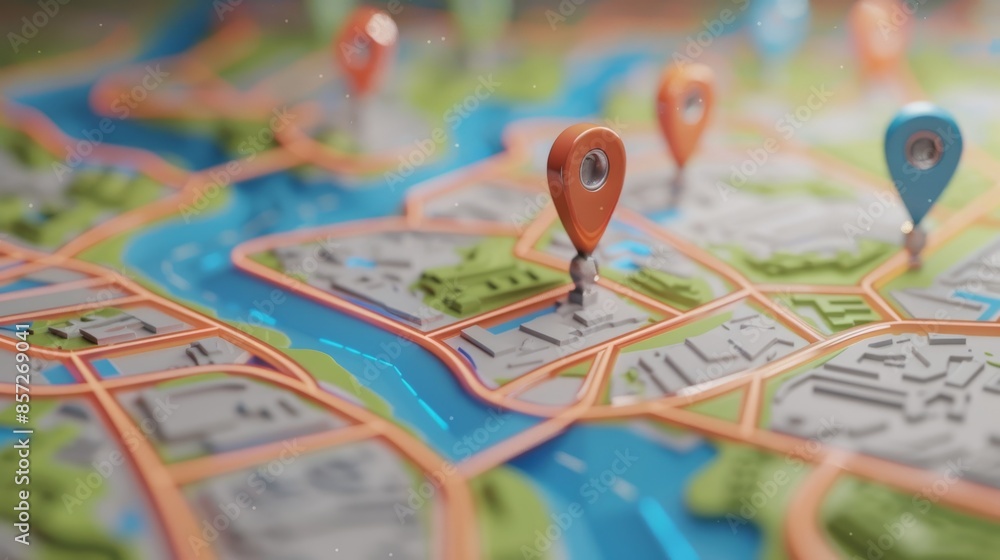 3D Map travel location. Locator mark of map and location pin or navigation icon sign on background with search. 3D rendering. 3D Map travel location. Locator mark of map and location pin or navigation icon sign on background with search. 3D rendering.