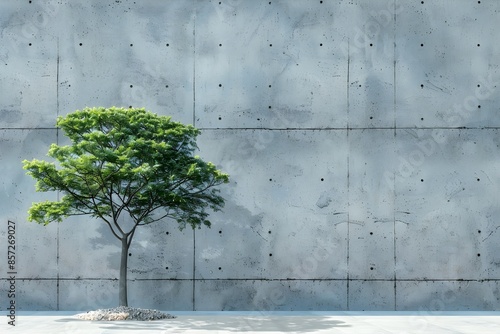 Lonely tree growing in front of concrete wall. A single tree in a concrete urban environment, symbolizing natures resilience in a humanmade world. photo