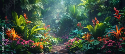 Dense jungle with exotic plants and vibrant flowers