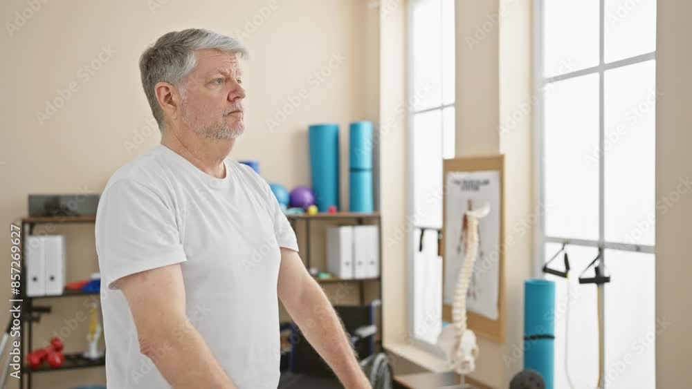 A senior man exercising with dumbbells in a physiotherapy clinic. A senior man exercising with dumbbells in a physiotherapy clinic.