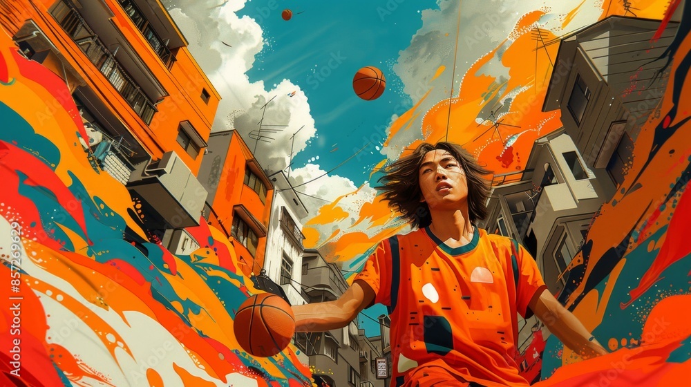 Obraz premium Vibrant Artistic Illustration of Basketball Player in Action