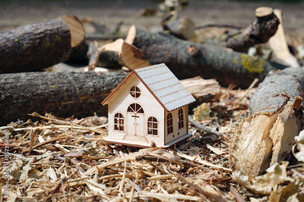 A beautiful small wooden toy house against the backdrop of a cleared forest. A beautiful small wooden toy house against the backdrop of a cleared forest.
