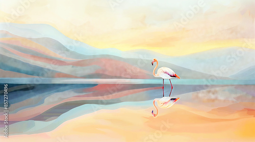 Pastel flamingo illustration, pale sunset colors.