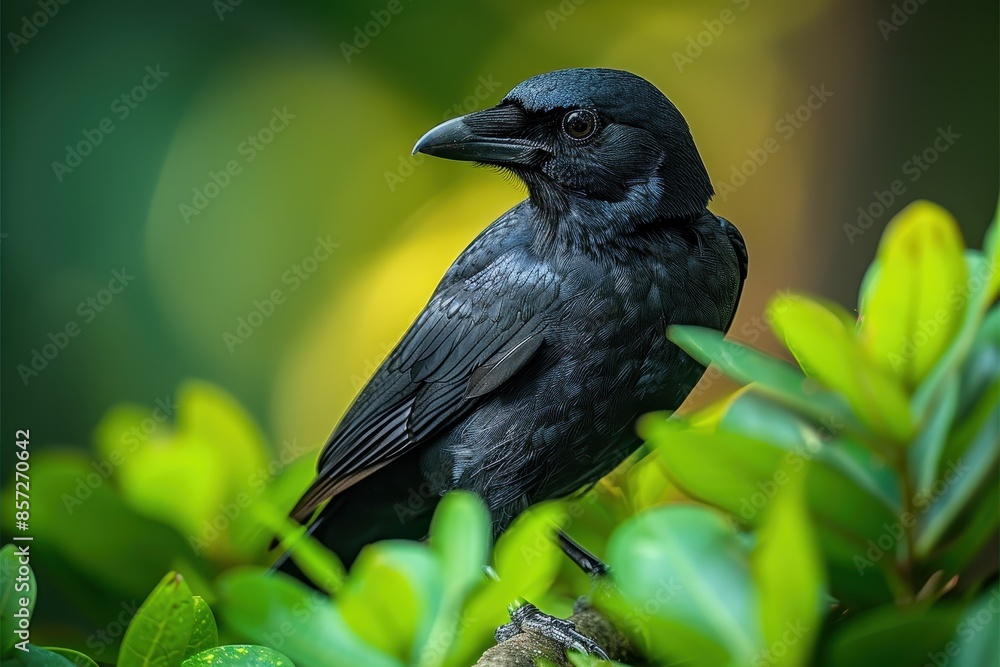 A Hawaiian crow perched on a branch in a tropical forest, its glossy black feathers and intelligent eyes capturing the essence of this rare bird. A Hawaiian crow perched on a branch in a tropical forest, its glossy black feathers and intelligent eyes capturing the essence of this rare bird.
