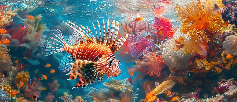 Detailed capture of a lionfish in a coral reef, vibrant colors and textures, clear water, high-definition focus, intricate patterns, serene underwater scene Detailed capture of a lionfish in a coral reef, vibrant colors and textures, clear water, high-definition focus, intricate patterns, serene underwater scene