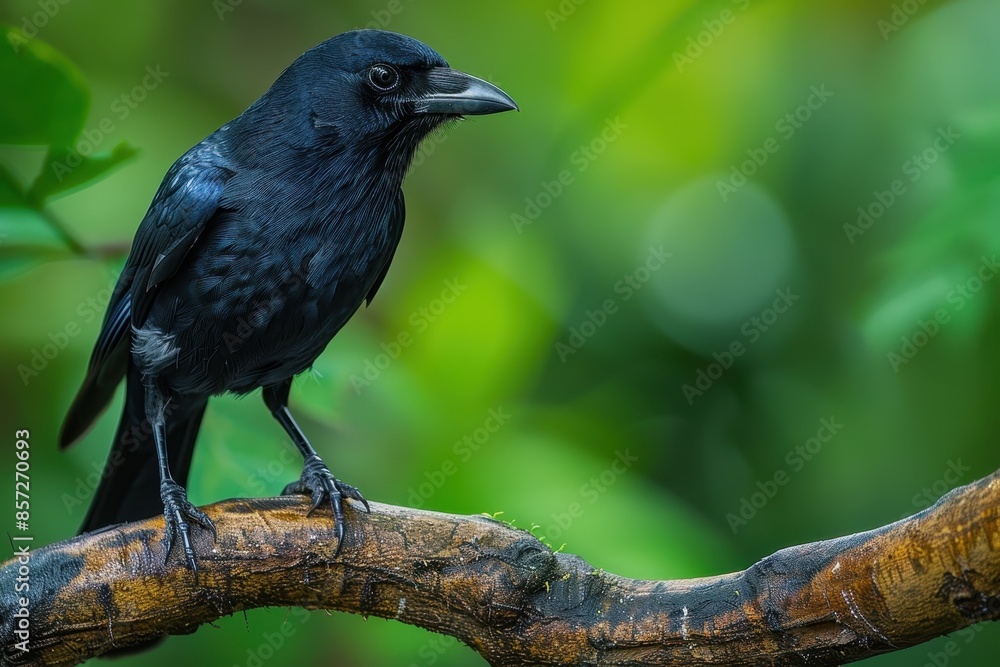 A Hawaiian crow perched on a branch in a tropical forest, its glossy black feathers and intelligent eyes capturing the essence of this rare bird. A Hawaiian crow perched on a branch in a tropical forest, its glossy black feathers and intelligent eyes capturing the essence of this rare bird.