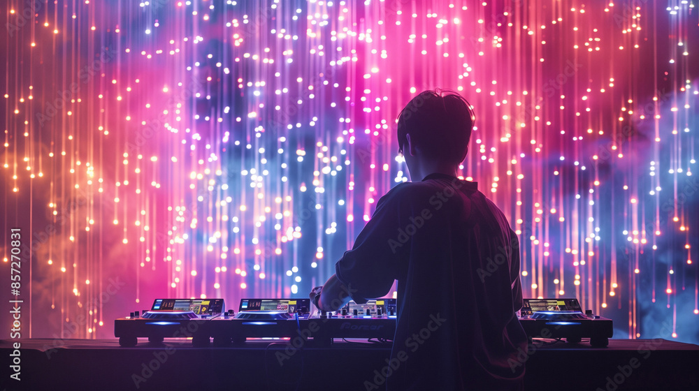 Asian dj plays music on his controller at the party. Bright holographic background Asian dj plays music on his controller at the party. Bright holographic background