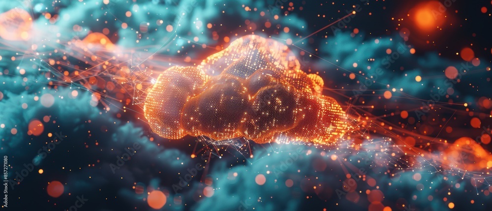 Detailed depiction of a digital cloud with binary code and network connections, emphasizing security and efficiency in Detailed depiction of a digital cloud with binary code and network connections, emphasizing security and efficiency in