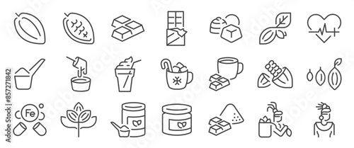 Cacao icon set. It includes cocoa, chocolate, dessert, drinks, recipes, and more icons. Editable Vector Stroke.