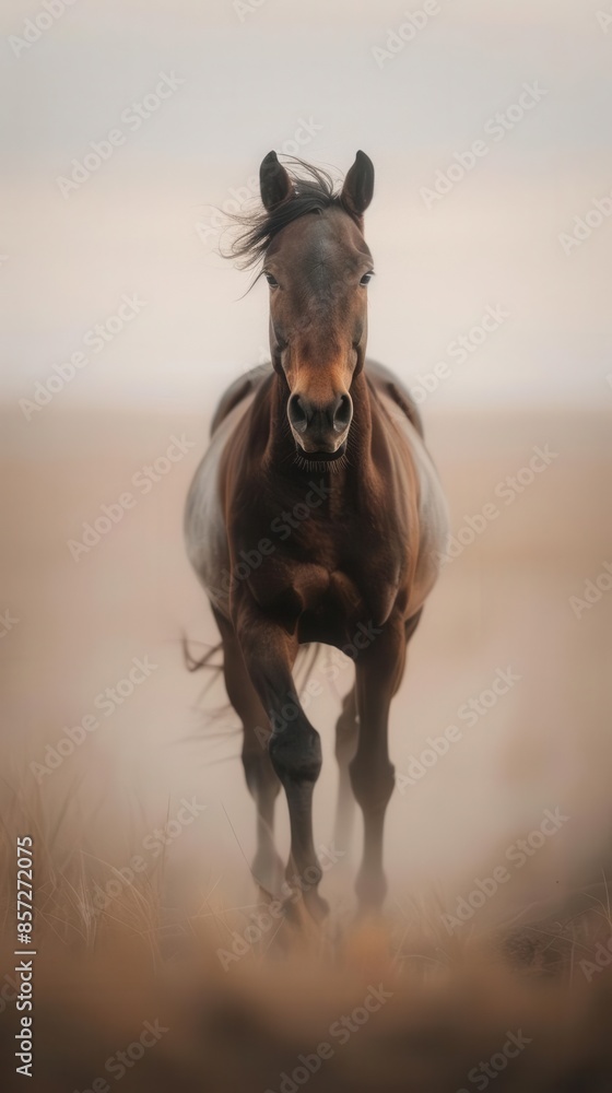 Obraz premium A majestic brown horse runs freely in a misty, open field, showcasing its strength and beauty against a soft, foggy background.