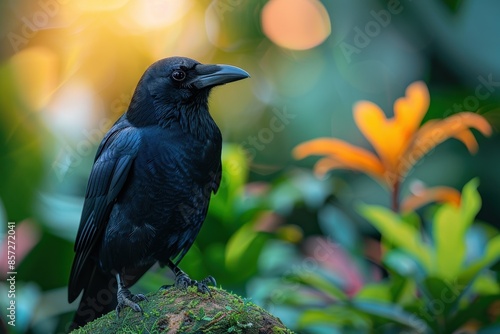 A Hawaiian crow perched on a branch in a tropical forest, its glossy black feathers and intelligent eyes capturing the essence of this rare bird. 