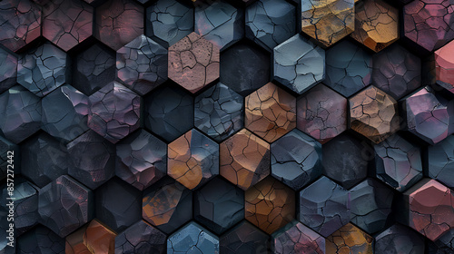 Fototapeta Naklejka Na Ścianę i Meble -  3D dark hexagon stone Wallpaper. Multi-color cement tile wall background. Seamless geometric pattern. AI generated